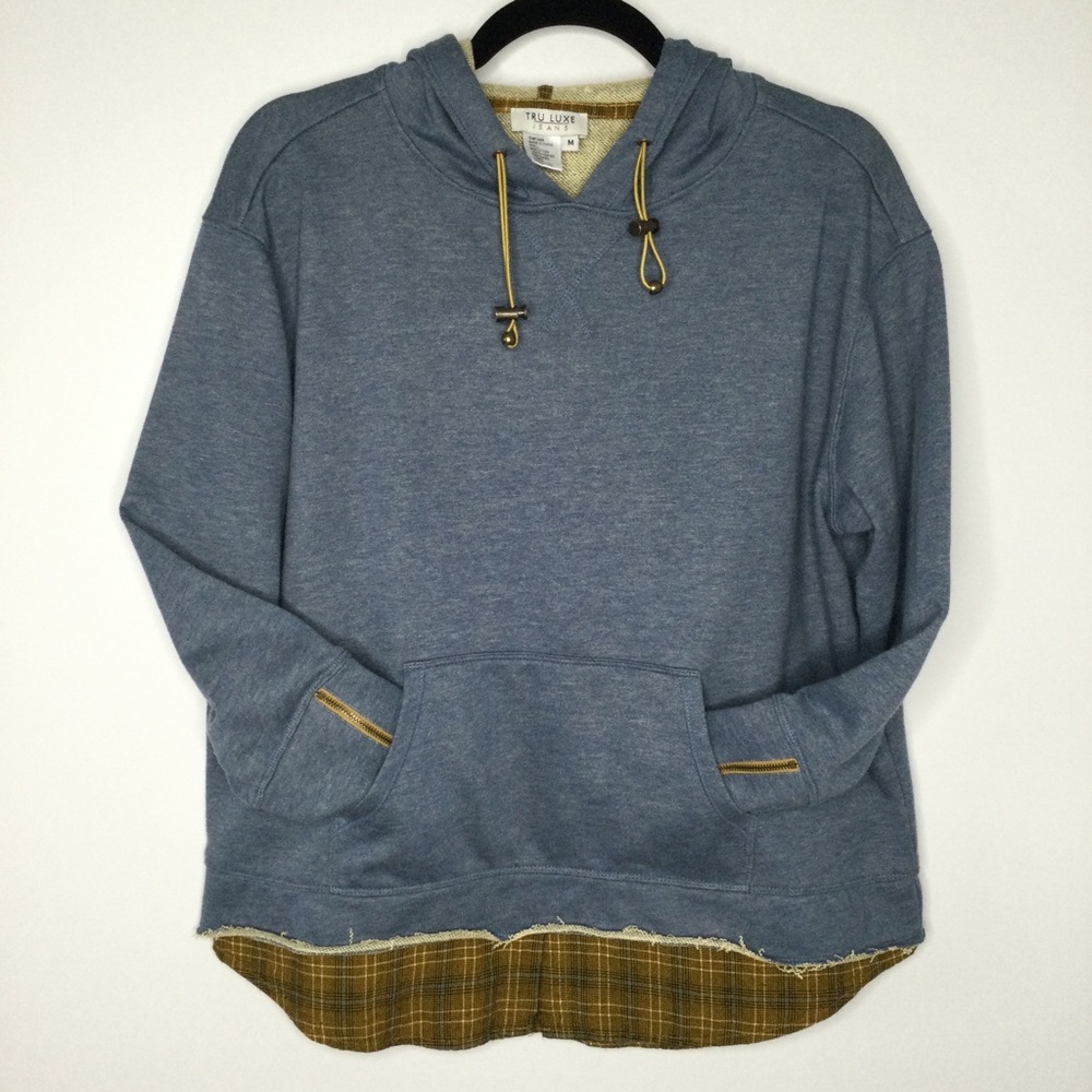 Tru Luxe Layered Hoodie with Zippered Sleeves Blue Denim Flannel Size Medium